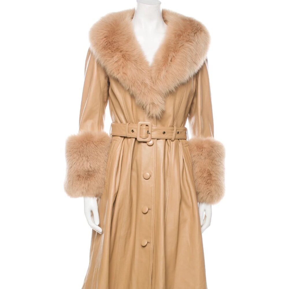 Saks Potts NEW Tan Leather & Fur Trench Coat: XS